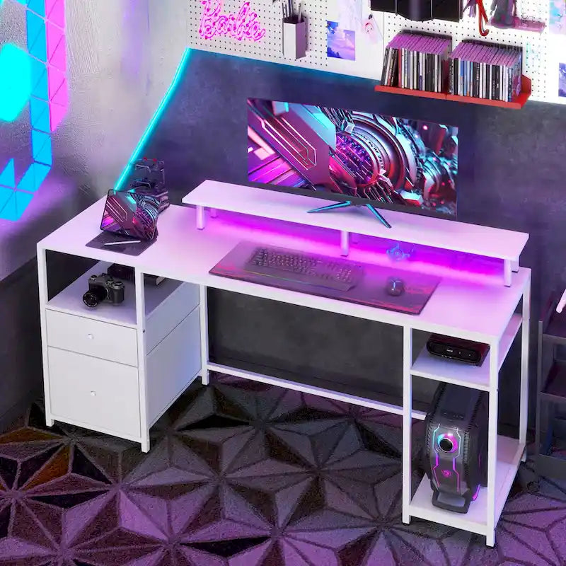 Bureau d'angle en L, bureau d'ordinateur rotatif à 360 degrés avec étagères de rangement, poste de travail avec table d'écriture