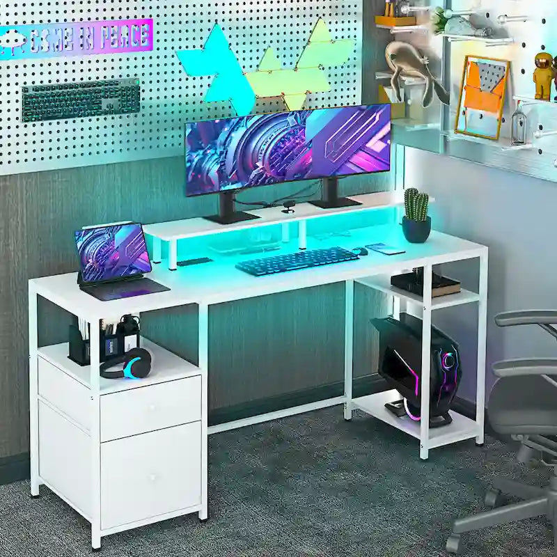 Bureau d'angle en L, bureau d'ordinateur rotatif à 360 degrés avec étagères de rangement, poste de travail avec table d'écriture