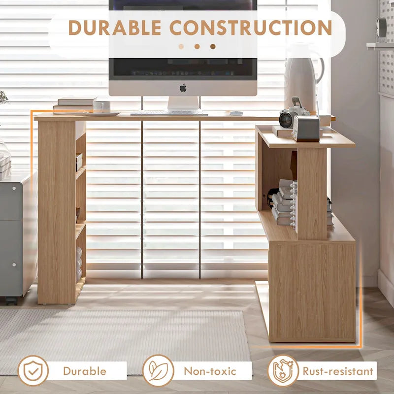 Bureau d'angle en L, bureau d'ordinateur rotatif à 360 degrés avec étagères de rangement, poste de travail avec table d'écriture