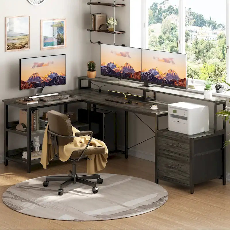 Bureau d'angle réversible avec tiroir classeur, long support d'écran, station de recharge et bandes LED RVB