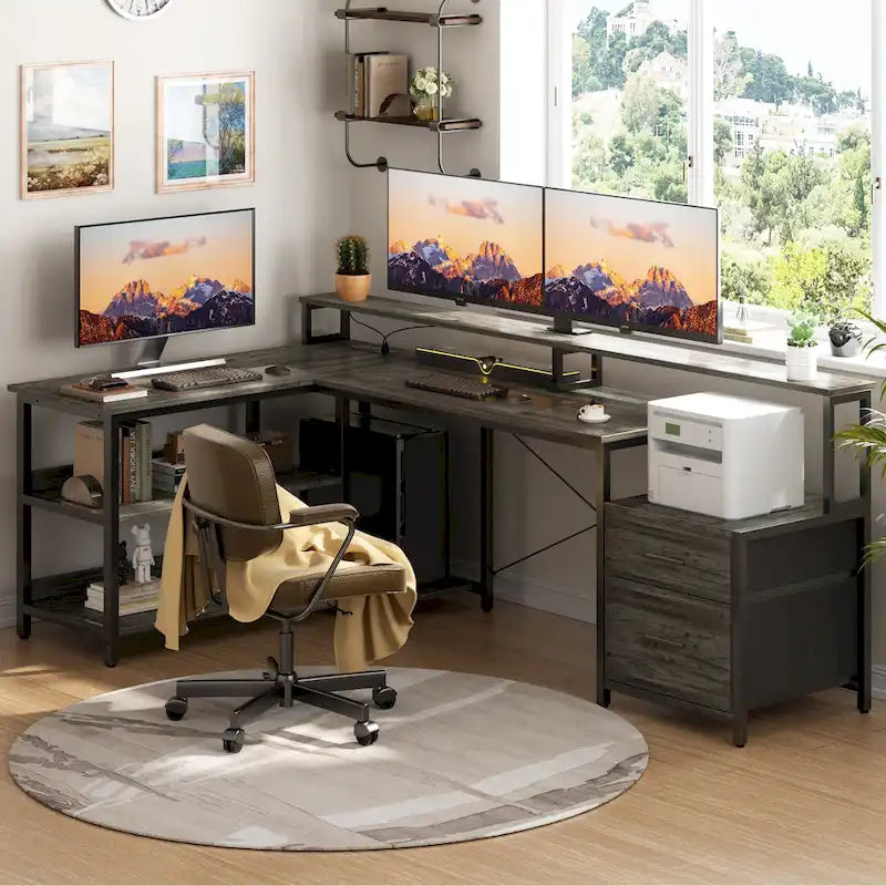Bureau d'angle réversible avec tiroir classeur, long support d'écran, station de recharge et bandes LED RVB