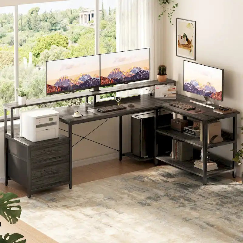 Bureau d'angle réversible avec tiroir classeur, long support d'écran, station de recharge et bandes LED RVB
