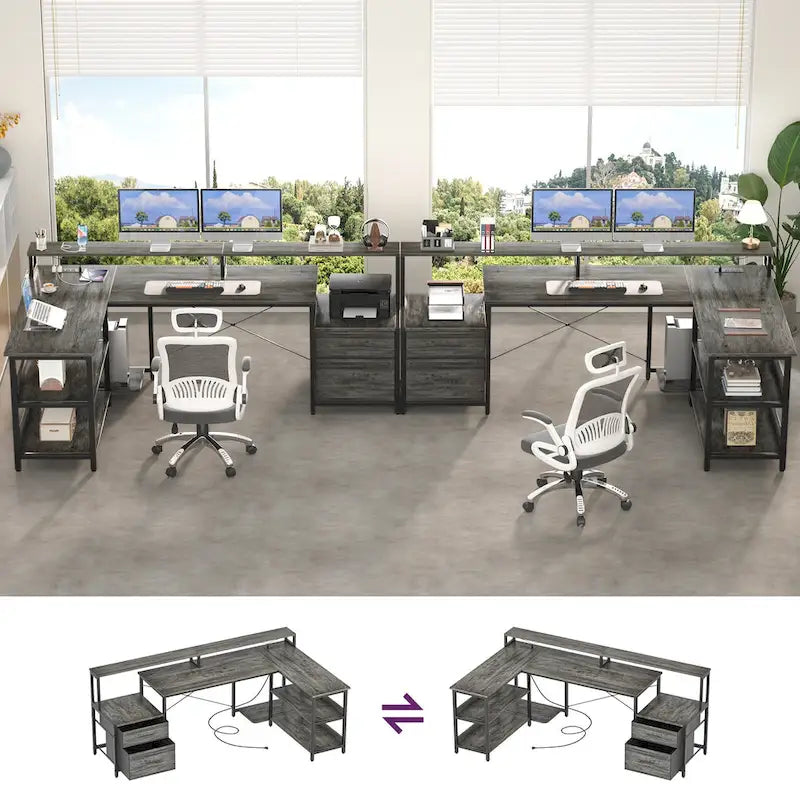 Bureau d'angle réversible avec tiroir classeur, long support d'écran, station de recharge et bandes LED RVB