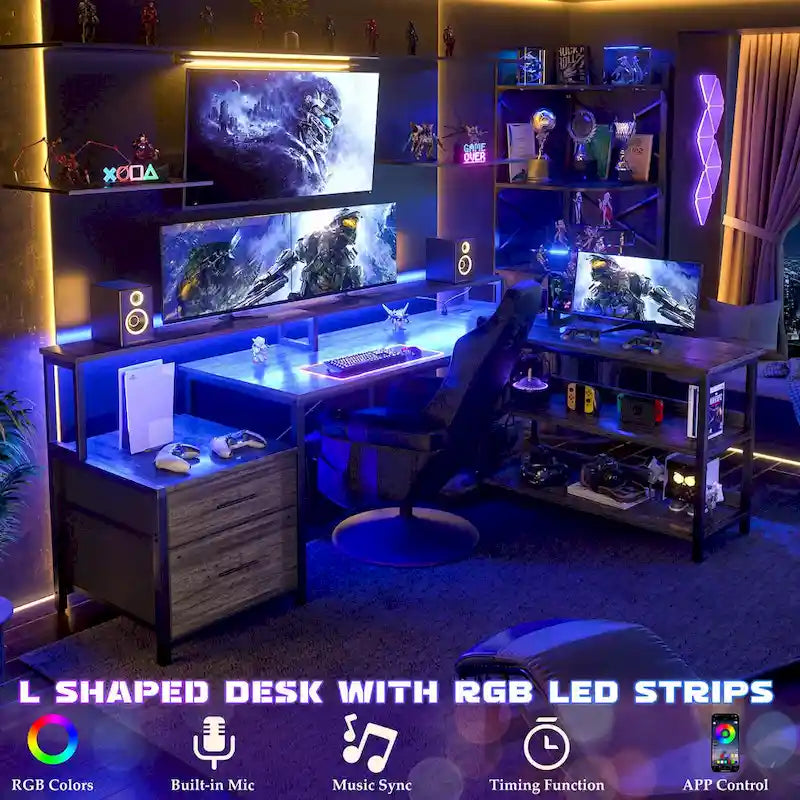Bureau d'angle réversible avec tiroir classeur, long support d'écran, station de recharge et bandes LED RVB