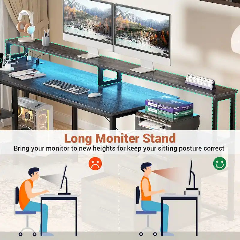 Bureau d'angle réversible avec tiroir classeur, long support d'écran, station de recharge et bandes LED RVB