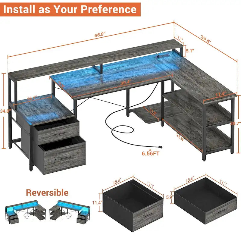 Bureau d'angle réversible avec tiroir classeur, long support d'écran, station de recharge et bandes LED RVB