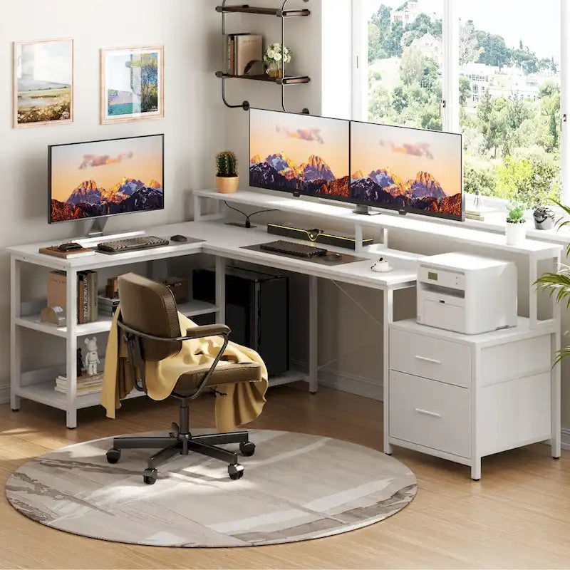 Bureau d'angle réversible avec tiroir classeur, long support d'écran, station de recharge et bandes LED RVB