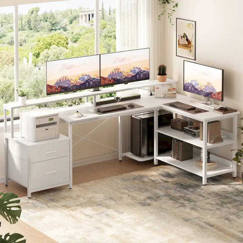 Bureau d'angle réversible avec tiroir classeur, long support d'écran, station de recharge et bandes LED RVB