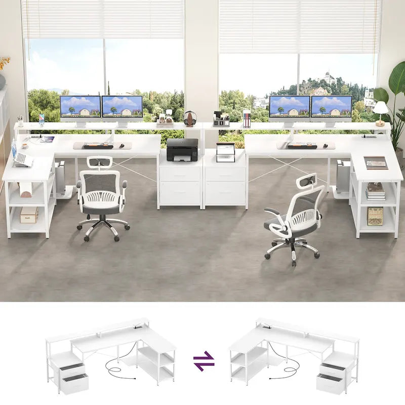 Bureau d'angle réversible avec tiroir classeur, long support d'écran, station de recharge et bandes LED RVB