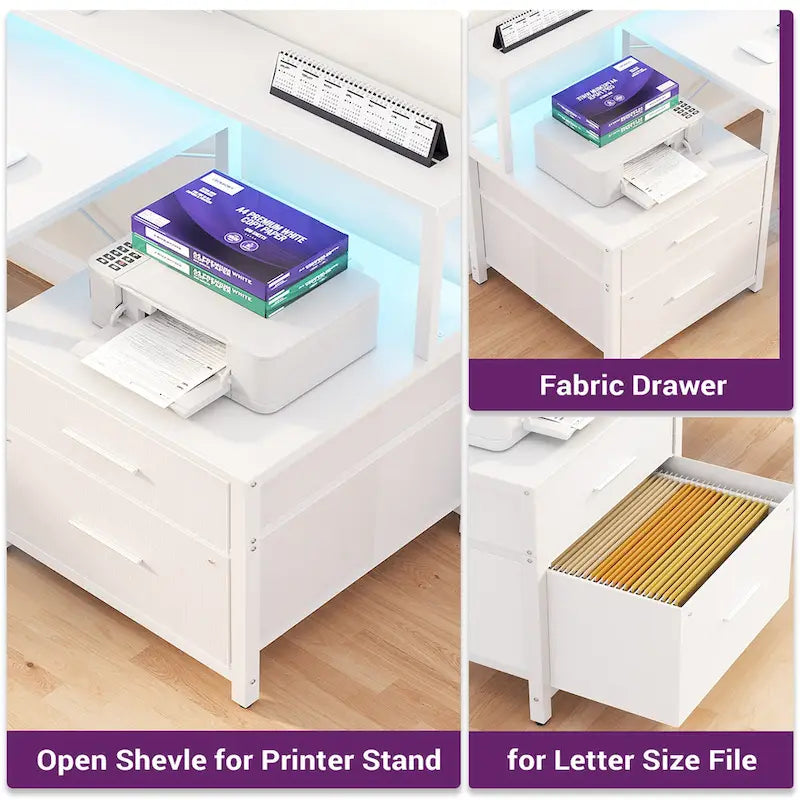 Bureau d'angle réversible avec tiroir classeur, long support d'écran, station de recharge et bandes LED RVB