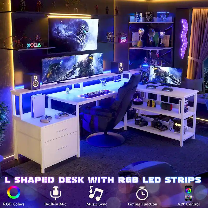 Bureau d'angle réversible avec tiroir classeur, long support d'écran, station de recharge et bandes LED RVB