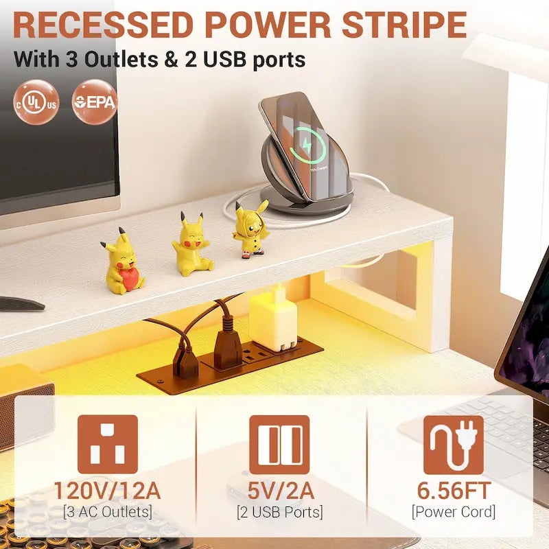 Bureau d'angle réversible avec tiroir classeur, long support d'écran, station de recharge et bandes LED RVB