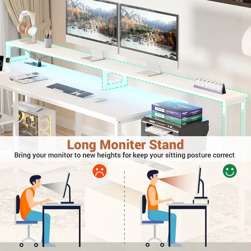 Bureau d'angle réversible avec tiroir classeur, long support d'écran, station de recharge et bandes LED RVB
