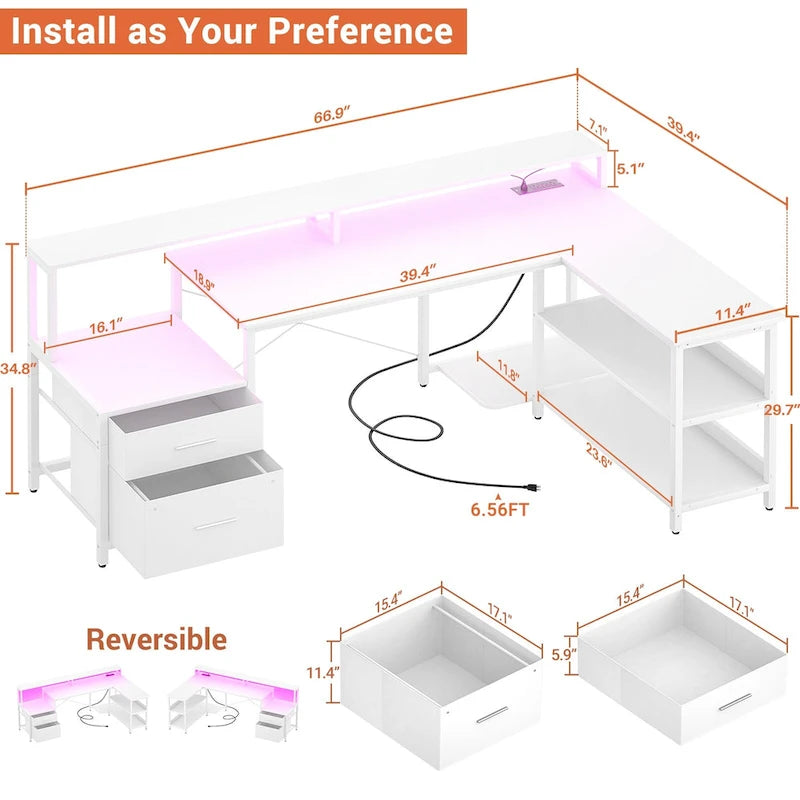 Bureau d'angle réversible avec tiroir classeur, long support d'écran, station de recharge et bandes LED RVB