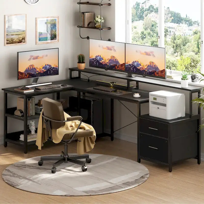 Bureau d'angle réversible avec tiroir classeur, long support d'écran, station de recharge et bandes LED RVB