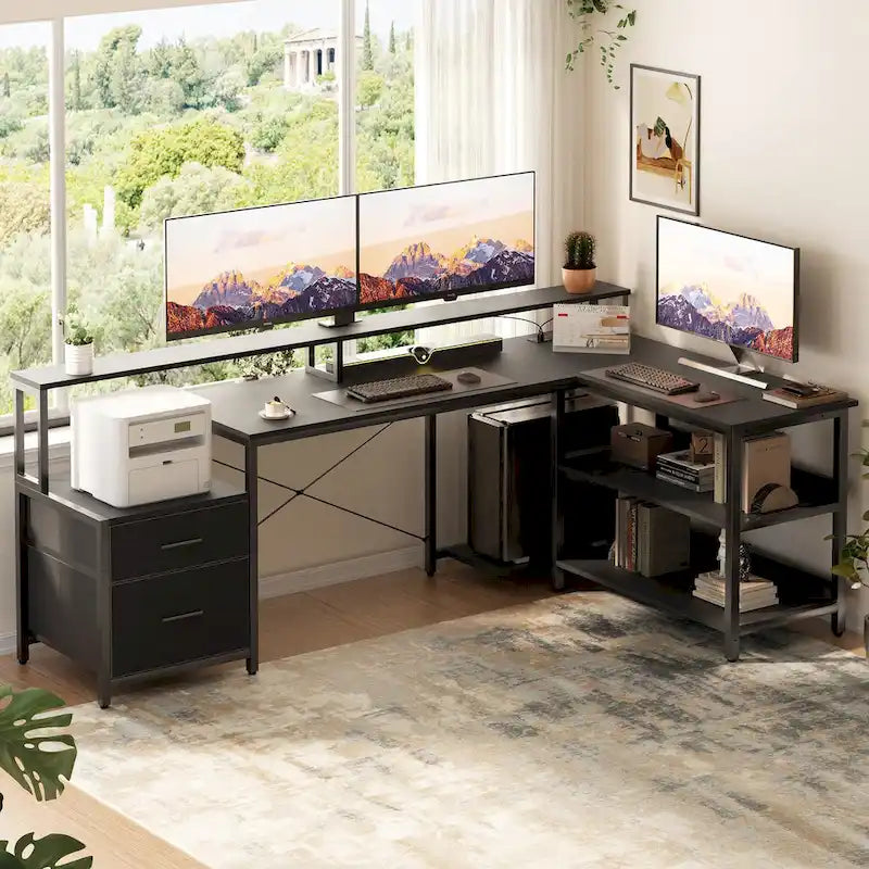 Bureau d'angle réversible avec tiroir classeur, long support d'écran, station de recharge et bandes LED RVB