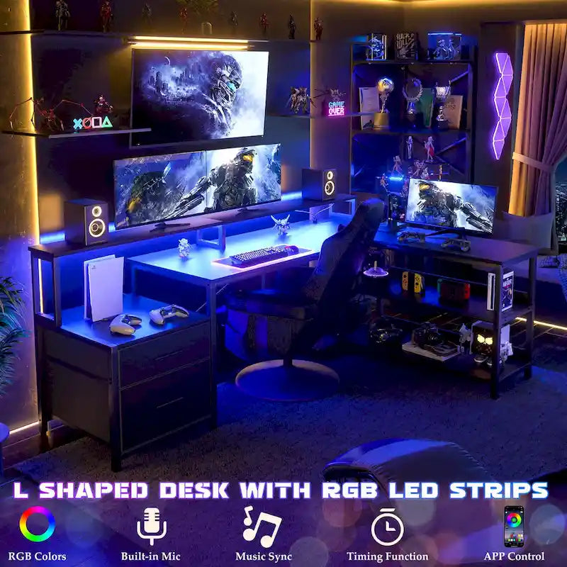 Bureau d'angle réversible avec tiroir classeur, long support d'écran, station de recharge et bandes LED RVB