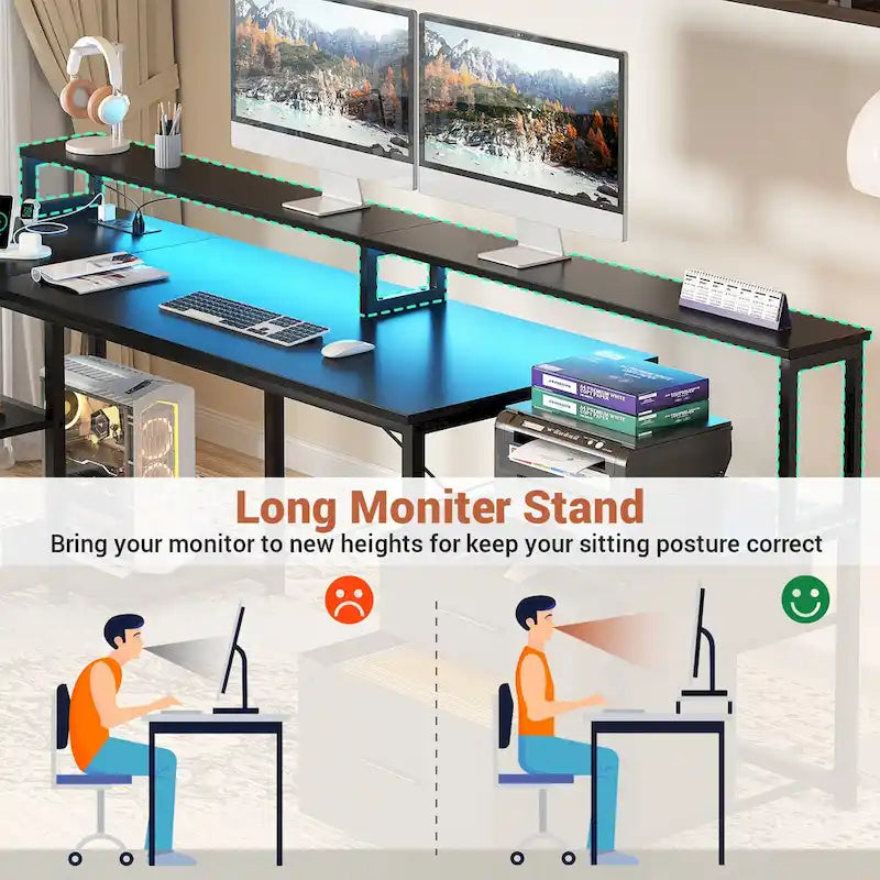 Bureau d'angle réversible avec tiroir classeur, long support d'écran, station de recharge et bandes LED RVB