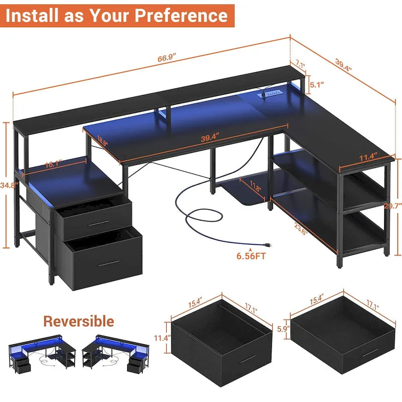 Bureau d'angle réversible avec tiroir classeur, long support d'écran, station de recharge et bandes LED RVB