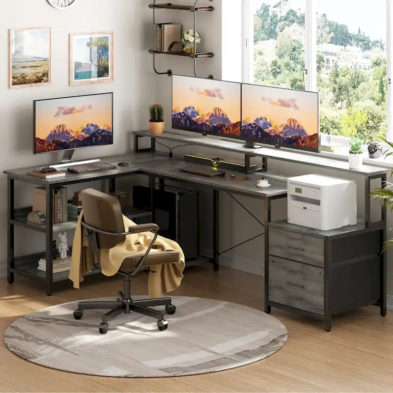 Bureau d'angle réversible avec tiroir classeur, long support d'écran, station de recharge et bandes LED RVB