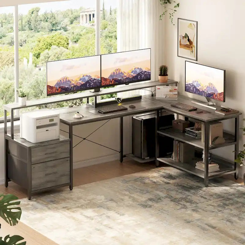 Bureau d'angle réversible avec tiroir classeur, long support d'écran, station de recharge et bandes LED RVB