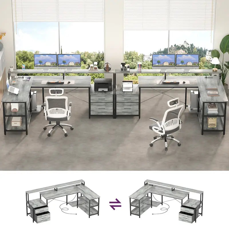 Bureau d'angle réversible avec tiroir classeur, long support d'écran, station de recharge et bandes LED RVB