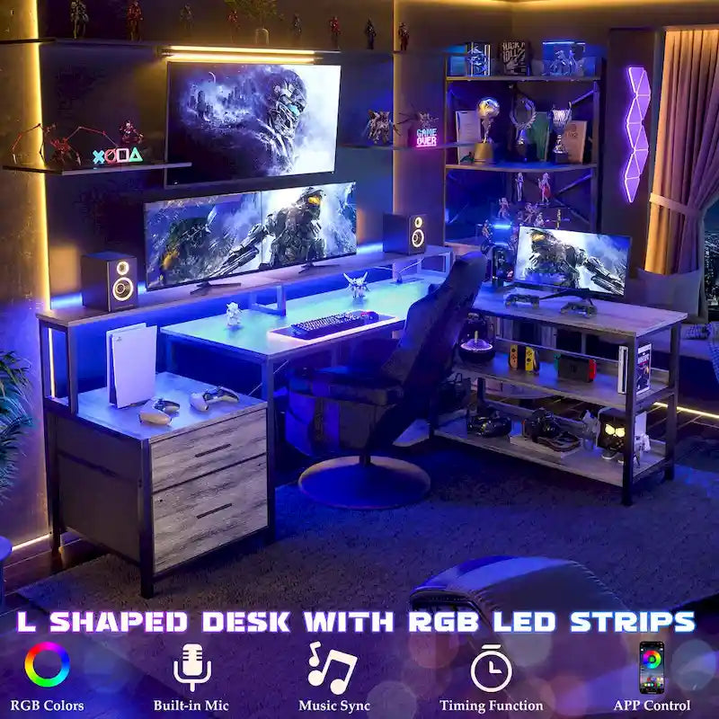 Bureau d'angle réversible avec tiroir classeur, long support d'écran, station de recharge et bandes LED RVB