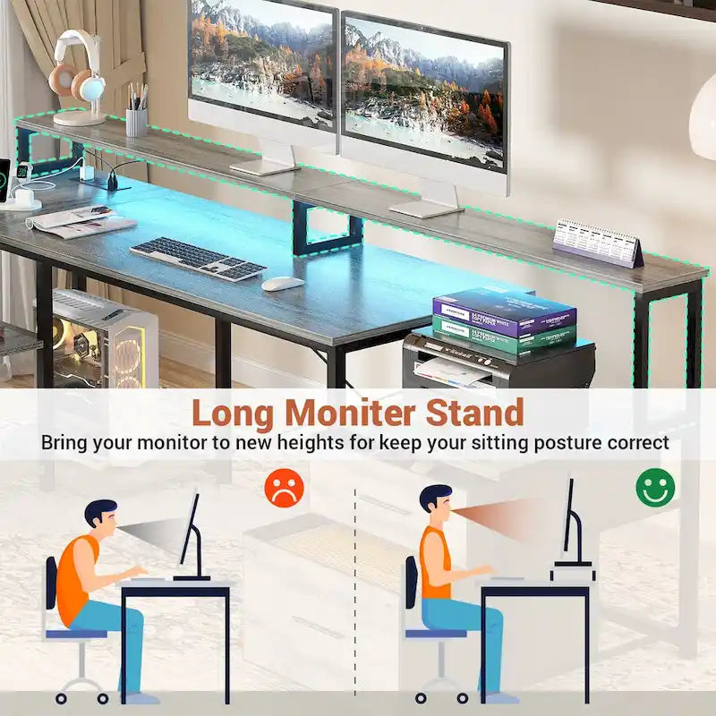 Bureau d'angle réversible avec tiroir classeur, long support d'écran, station de recharge et bandes LED RVB