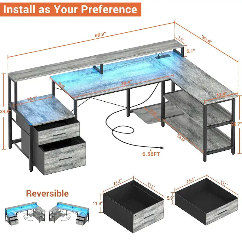 Bureau d'angle réversible avec tiroir classeur, long support d'écran, station de recharge et bandes LED RVB