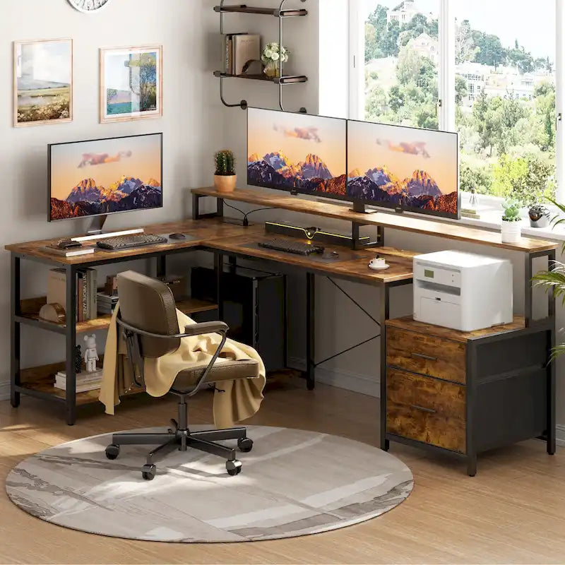 Bureau d'angle réversible avec tiroir classeur, long support d'écran, station de recharge et bandes LED RVB