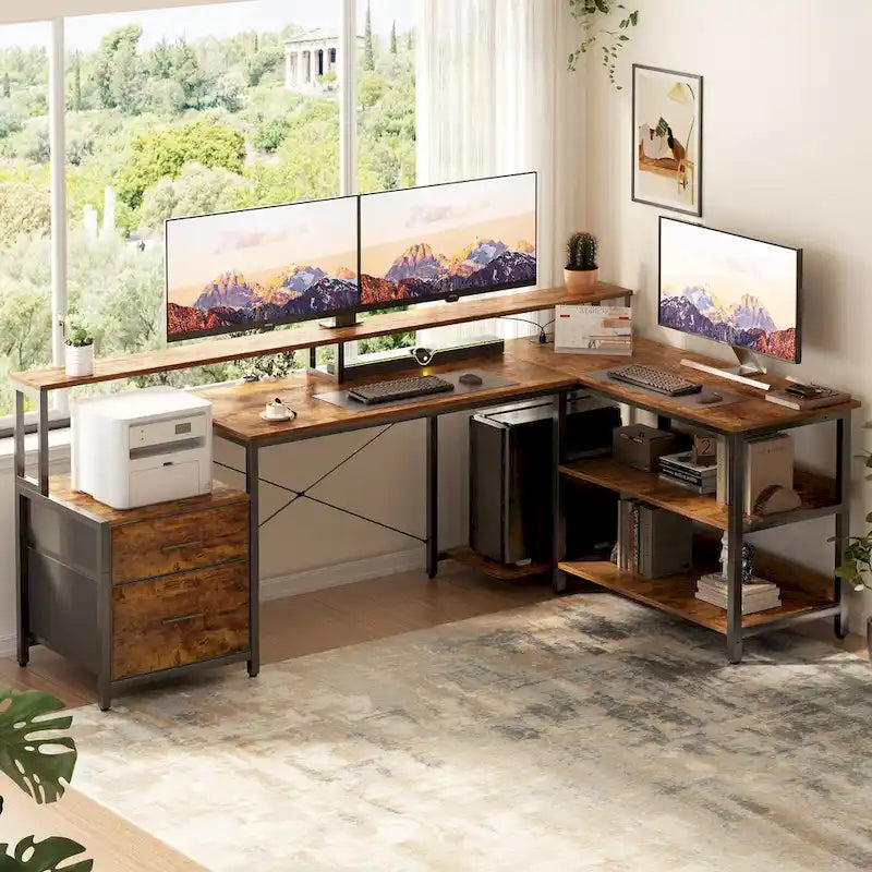 Bureau d'angle réversible avec tiroir classeur, long support d'écran, station de recharge et bandes LED RVB
