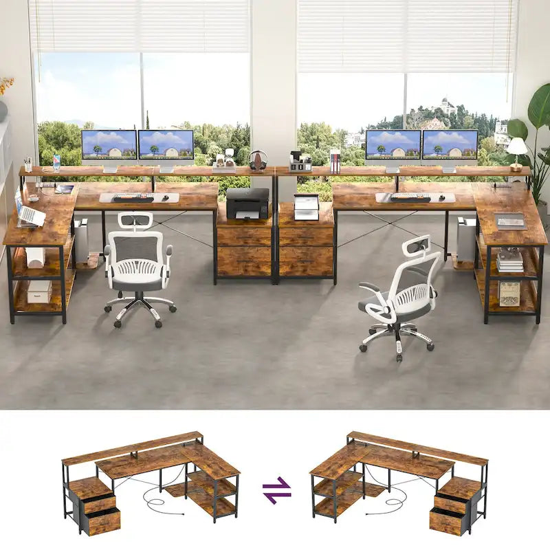 Bureau d'angle réversible avec tiroir classeur, long support d'écran, station de recharge et bandes LED RVB