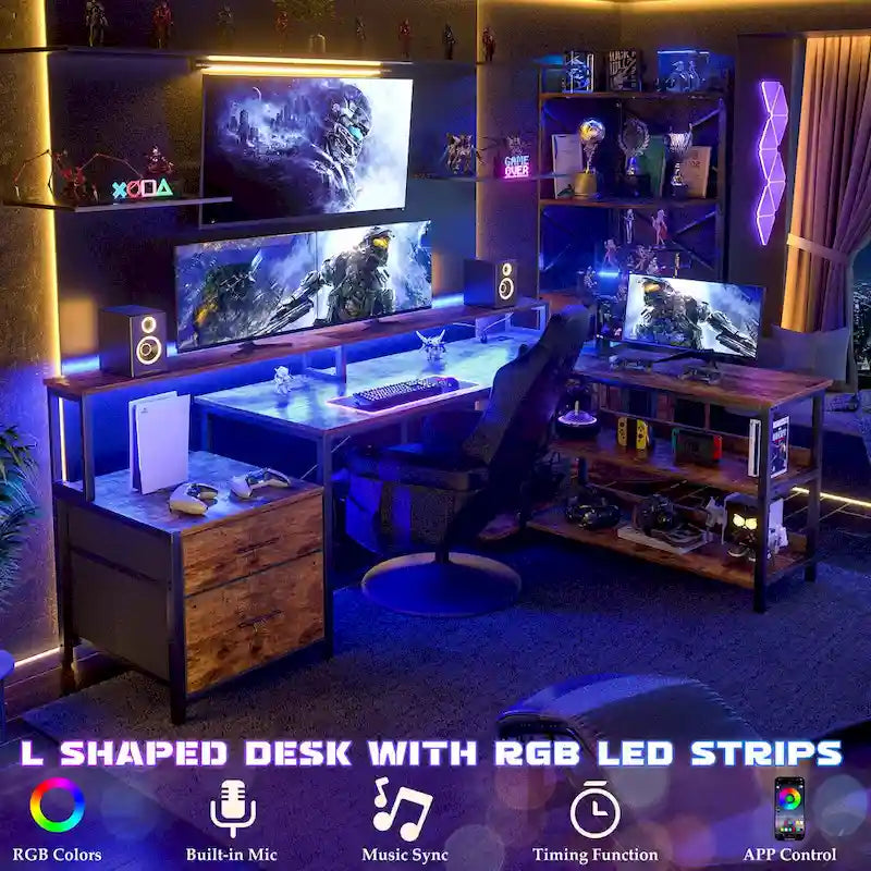 Bureau d'angle réversible avec tiroir classeur, long support d'écran, station de recharge et bandes LED RVB