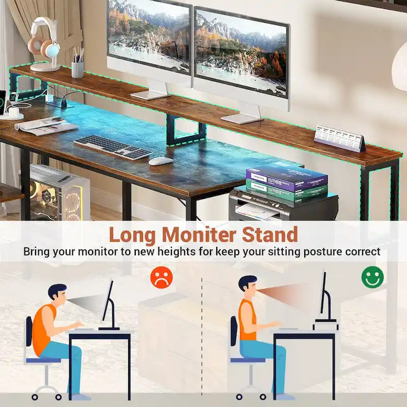Bureau d'angle réversible avec tiroir classeur, long support d'écran, station de recharge et bandes LED RVB