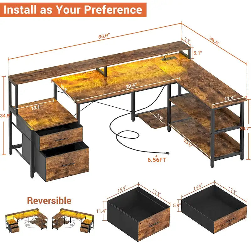 Bureau d'angle réversible avec tiroir classeur, long support d'écran, station de recharge et bandes LED RVB