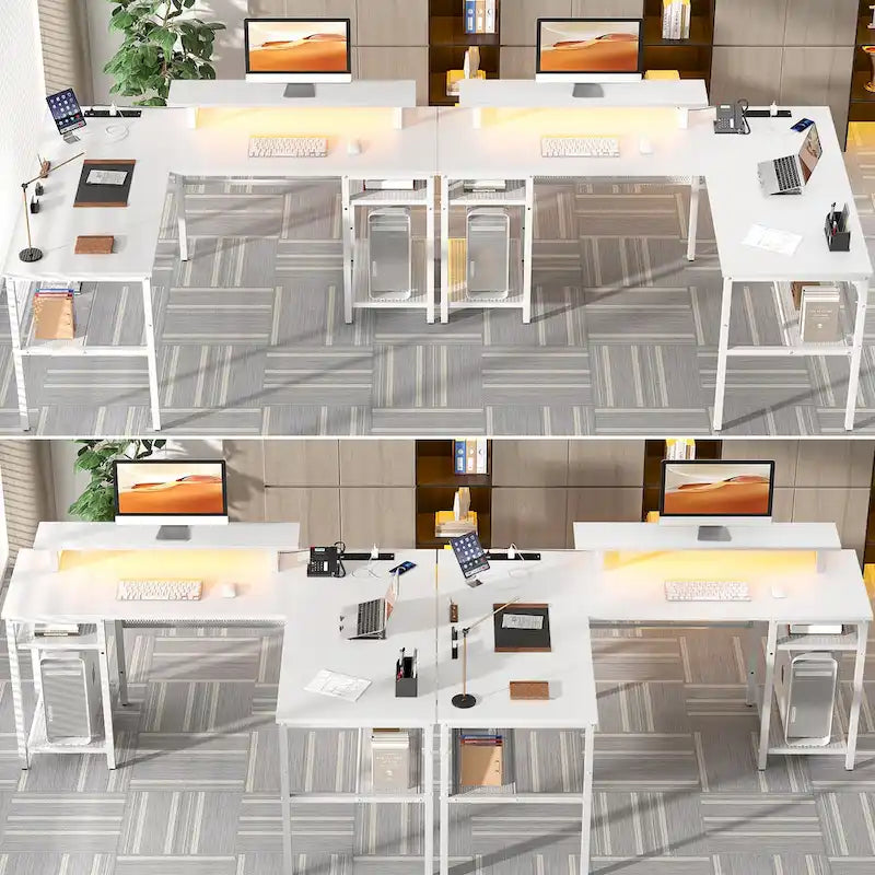Bureau d'angle en L avec prises de courant, LED RVB et support d'écran