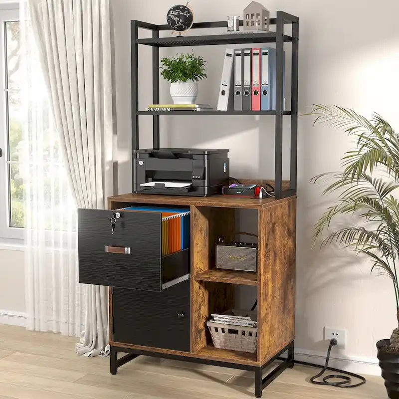 Classeur à tiroirs large de 27,6 po, meuble de rangement en bois avec station de charge et serrures