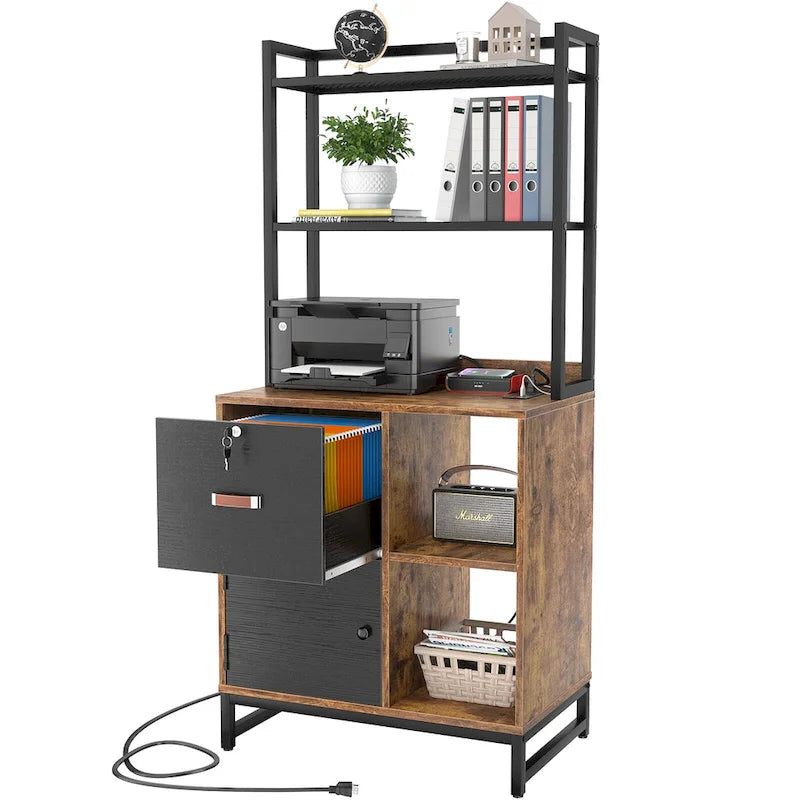 Classeur à tiroirs large de 27,6 po, meuble de rangement en bois avec station de charge et serrures