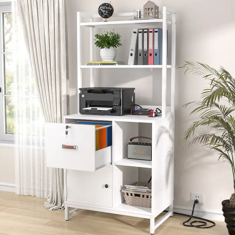 Classeur à tiroirs large de 27,6 po, meuble de rangement en bois avec station de charge et serrures