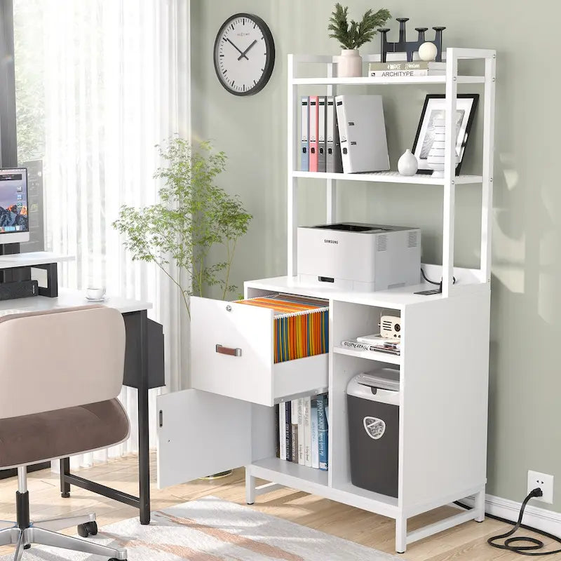 Classeur à tiroirs large de 27,6 po, meuble de rangement en bois avec station de charge et serrures