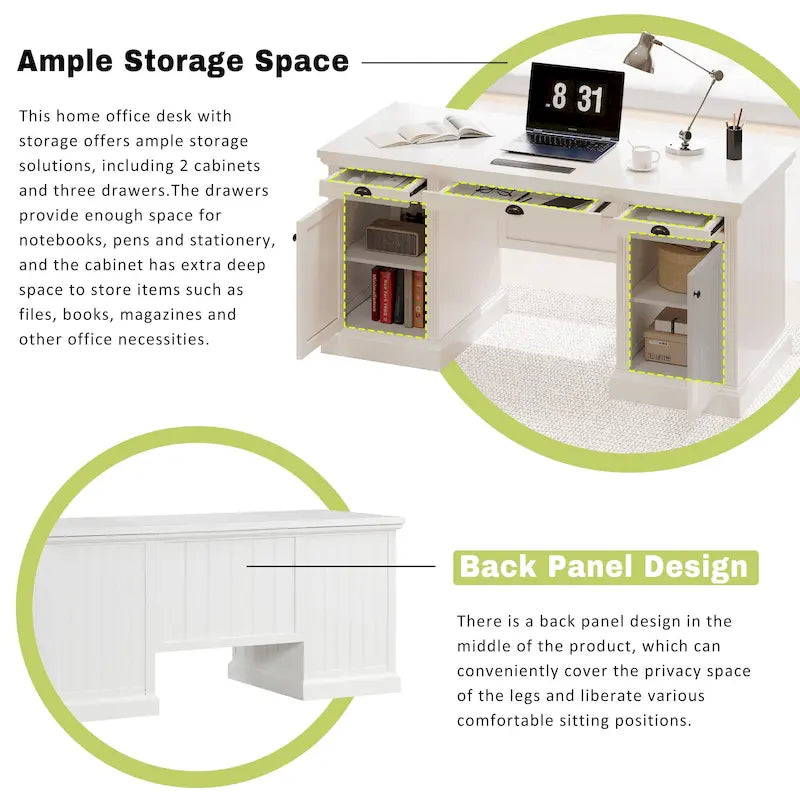 Bureau exécutif moderne, bureau d'ordinateur avec 2 armoires de rangement et 3 tiroirs
