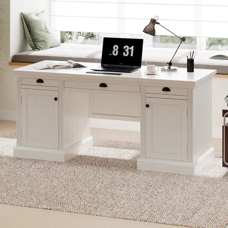 Bureau exécutif moderne, bureau d'ordinateur avec 2 armoires de rangement et 3 tiroirs