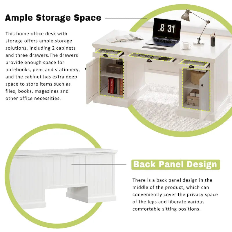 Bureau exécutif moderne, bureau d'ordinateur avec 2 armoires de rangement et 3 tiroirs