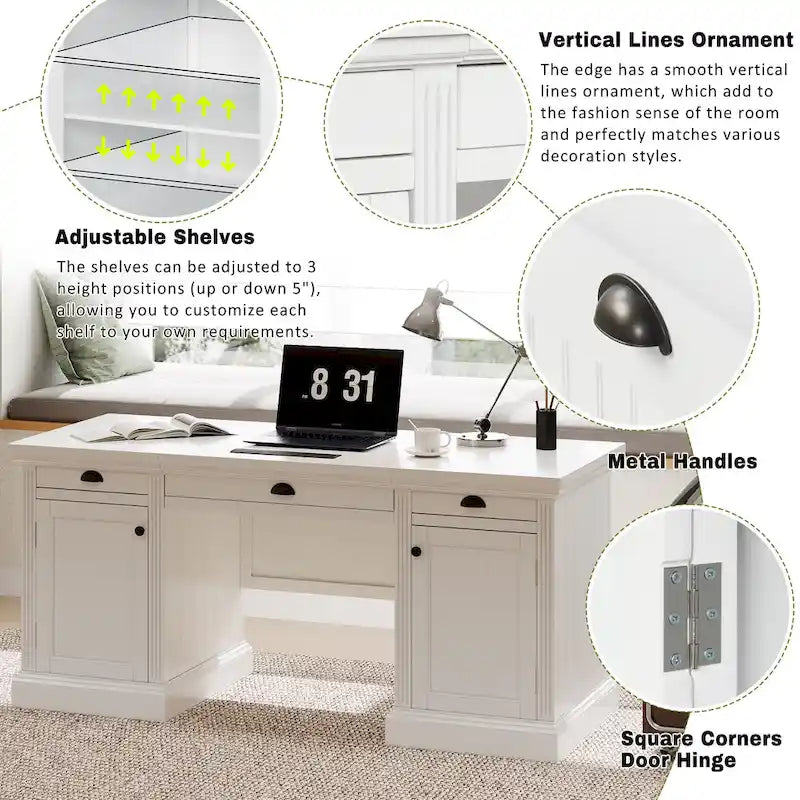 Bureau exécutif moderne, bureau d'ordinateur avec 2 armoires de rangement et 3 tiroirs