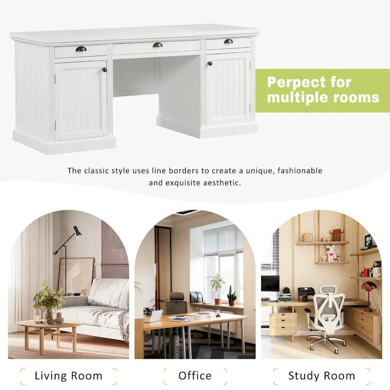Bureau exécutif moderne, bureau d'ordinateur avec 2 armoires de rangement et 3 tiroirs