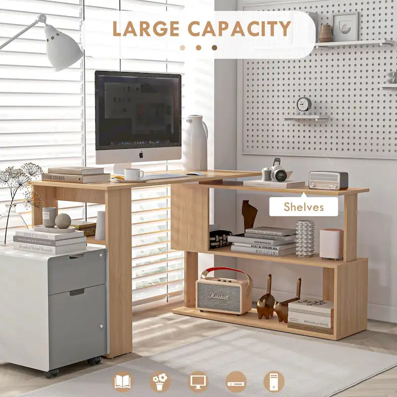 Bureau d'angle en L, bureau à domicile rotatif à 360 degrés avec étagères de rangement