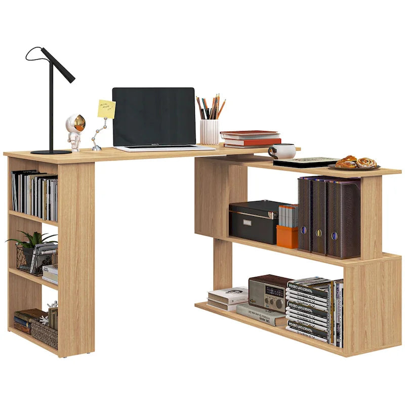 L Shaped Corner Desk, 360 Degree Rotating Home Office Desk with Storage Shelve