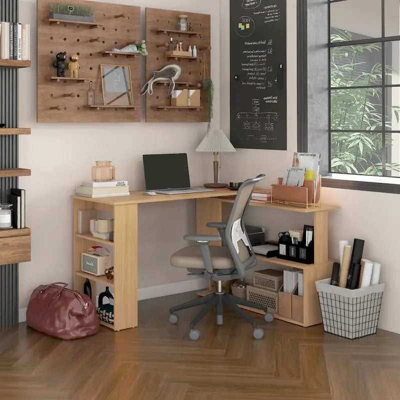 Bureau d'angle en L, bureau à domicile rotatif à 360 degrés avec étagères de rangement