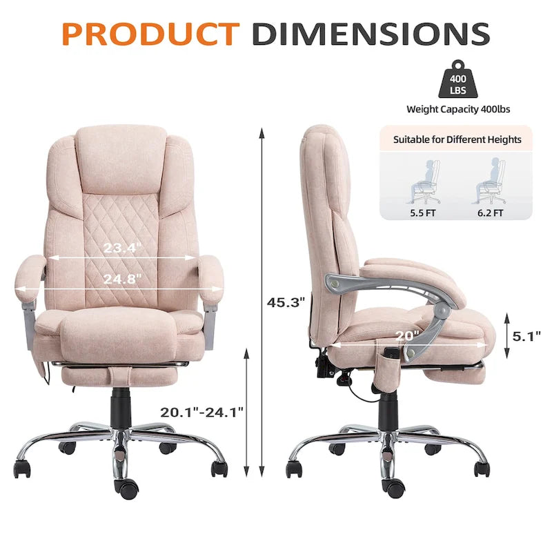 Chaise de bureau de massage chauffante EROMMY avec repose-pieds, chaise de bureau inclinable ergonomique avec support lombaire et hauteur réglable.