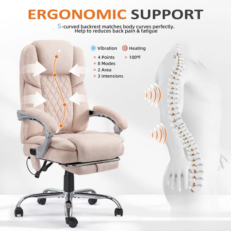 Chaise de bureau de massage chauffante EROMMY avec repose-pieds, chaise de bureau inclinable ergonomique avec support lombaire et hauteur réglable.